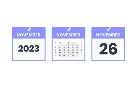 Téléchargez les illustrations : Calendrier de novembre. 26 novembre 2023 icône du calendrier pour l'horaire, rendez-vous, concept de date importante - en licence libre de droit