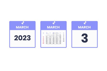 Téléchargez les illustrations : Calendrier de mars. 3 mars 2023 icône du calendrier pour l'horaire, rendez-vous, concept de date importante - en licence libre de droit