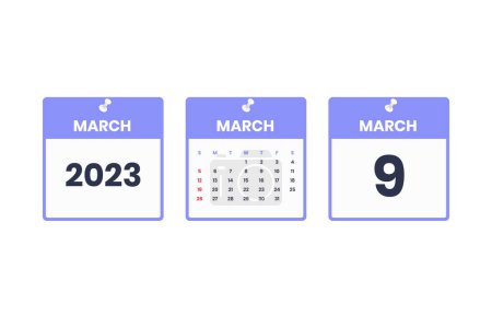 Téléchargez les illustrations : Calendrier de mars. 9 mars 2023 icône du calendrier pour l'horaire, rendez-vous, concept de date importante - en licence libre de droit