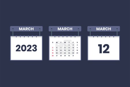 Téléchargez les illustrations : 12 Mars 2023 icône du calendrier pour l'horaire, rendez-vous, concept de date importante - en licence libre de droit