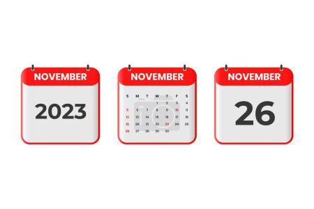 Illustration for November 2023 calendar design. 26th November 2023 calendar icon for schedule, appointment, important date concept - Royalty Free Image