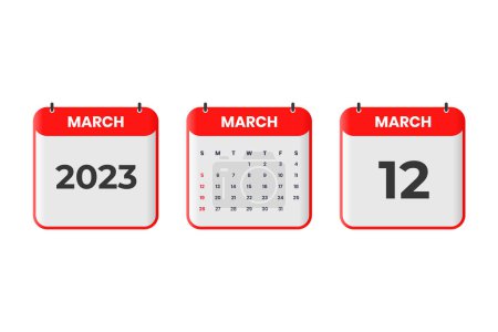 Téléchargez les illustrations : Mars 2023 conception du calendrier. 12 Mars 2023 icône du calendrier pour l'horaire, rendez-vous, concept de date importante - en licence libre de droit
