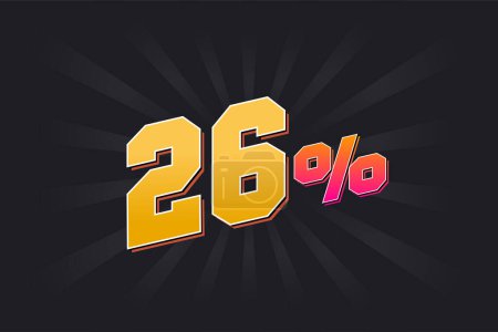 Illustration for 26% discount banner with dark background and yellow text. 26 percent sales promotional design. - Royalty Free Image