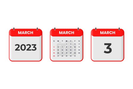 Téléchargez les illustrations : Mars 2023 conception du calendrier. 3ème Mars 2023 icône du calendrier pour l'horaire, rendez-vous, concept de date importante - en licence libre de droit