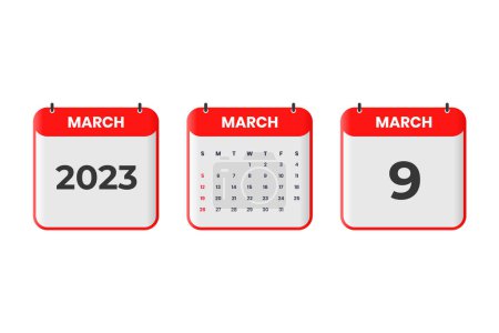 Téléchargez les illustrations : Mars 2023 conception du calendrier. 9ème Mars 2023 icône du calendrier pour l'horaire, rendez-vous, concept de date importante - en licence libre de droit
