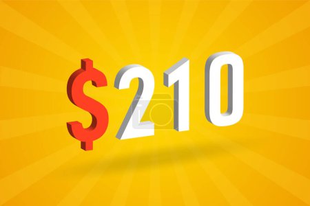 Ilustración de 210 USD Símbolo de texto 3D. 210 Dólar de los Estados Unidos 3D con fondo amarillo American Money vector de acciones - Imagen libre de derechos