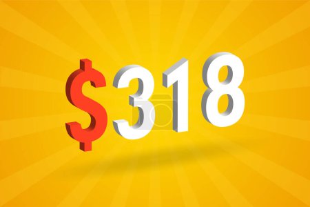 Illustration for 318 USD 3D text symbol. 318 United State Dollar 3D with yellow background American Money stock vector - Royalty Free Image