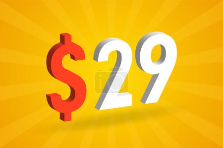 29 USD 3D-Textsymbol. 29 United State Dollar 3D mit gelbem Hintergrund American Money Stock Vektor