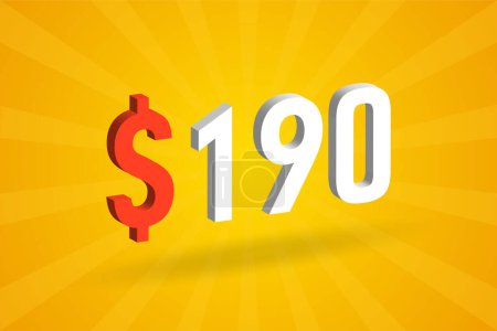 Illustration for 190 USD 3D text symbol. 190 United State Dollar 3D with yellow background American Money stock vector - Royalty Free Image