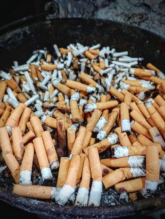 Téléchargez les photos : Fumeurs cause du cancer milliers de mégots de cigarette dans un récipient de collecte - en image libre de droit