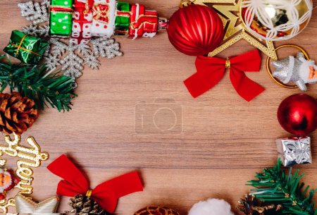 christmas background with fir tree, gifts and gift boxes on wooden table Poster 624535344