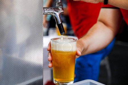 Hand of a bartender serving a draft beer with froth