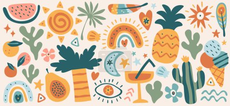 Hand drawn boho summer flat illustrations set. Driwings of cocktail, decorative feathers, palm trees, shells, fruits and ice cream balls. Seasonal elements