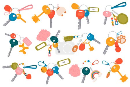 Keys with accessories flat icons set.