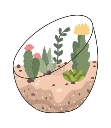 Illustration for Glass terrarium with evergreen plants flat icon Decor element. Vector illustration - Royalty Free Image