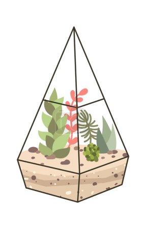 Illustration for Glass terrarium with evergreen plants flat icon. Vector illustration - Royalty Free Image