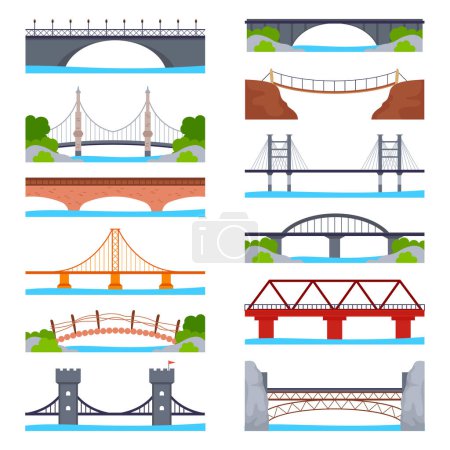 Puentes conjunto de iconos planos. Estructura que lleva carretera, camino, ferrocarril a través del río. Pasaje a otra costa. Construcciones metálicas futuristas. Ilustraciones aisladas en color