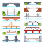 Bridges flat icons set. Structure carrying road, path, railroad across river. Passage to other coast. Futuristic metal constructions. Color isolated illustrations