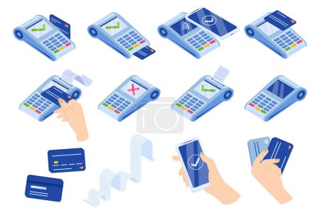 Illustration for Payment terminals flat icons set. Near field communication technology. Wireless banking system. Successful transaction. Credit card and automated teller machine. Color isolated illustrations - Royalty Free Image