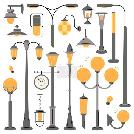 Modern and vintage street lights flat icons set. Urban and ancient road illumination. Old town decor element. Lamp providing light. Color isolated illustration