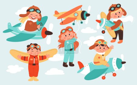 Nette Cartoon-Piloten flache Symbole gesetzt. Nettes Baby mit Flugzeugspielzeug, speziellen Fluganzug und Flugzeugtransport. Bewegung in verschiedene Länder. Farbig isolierte Abbildungen