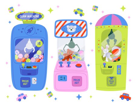 Claw crane grabber machines flat icons set. Machine for catch toys. Fluffy bear, rabbit, colorful ball and car for playing, Entertainment services. Color isolated illustrations