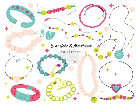Illustration for Bracelets and necklace flat icons set. Trendy golden chain, friend handmade wristband, cat collar and other accessories. Special jewelleries. Color isolated illustrations - Royalty Free Image