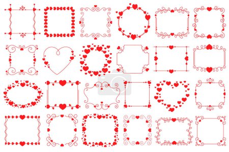 Ilustración de Marco con corazones conjunto de iconos planos. Diferentes marcos modernos en forma con corazones pequeños. Lindo imaginar la decoración de la pared. Borde cuadrado y rectángulo para fotos. Ilustraciones aisladas en color - Imagen libre de derechos