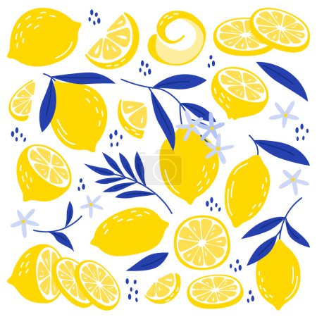 Zitronen flache Symbole gesetzt. Ovale Zitrusfrüchte mit dicker gelber Schale. Scheibe frisches Vitamin und saftige Früchte. Schälen, Zweigen, Blättern, kleinen Scheiben. Farbige Abbildungen