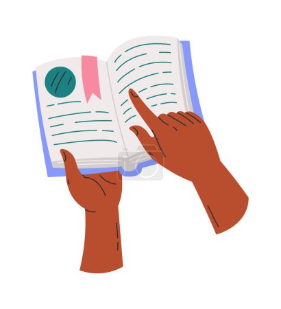 Téléchargez les illustrations : Hands holding book and showing text by finger flat icon. Vector illustration - en licence libre de droit