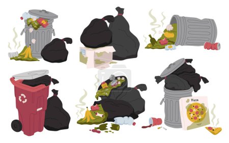 Illustration for Garbage bags and trash cans flat icons set. Rubbish recycling. Paper, steel bottle plastic and glass waste litters sorting. Full of trash on metal box. Color isolated illustrations - Royalty Free Image