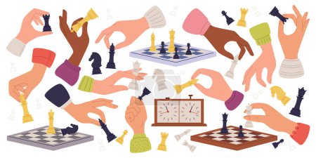 Illustration for Hands of chess players flat icons set. Wooden chess pieces. Pawns, bishops, knights, rooks. Special chessboard and timer. Strategic game. Color isolated illustration - Royalty Free Image