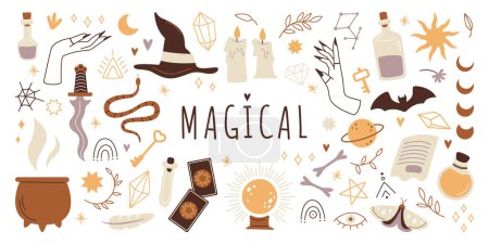 Illustration for Magical elements flat icons set. Mystical elements for witchcrafting. Poisons, magic symbols, bat, tarot, crystal ball for magic rituals. Color isolated illustrations - Royalty Free Image