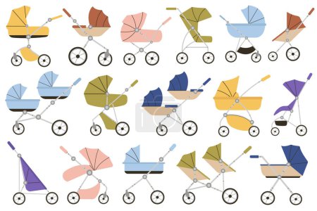 Téléchargez les illustrations : Colorful strollers flat icons set. Different types of strollers. Travel system, double, carriage, jogging and umbrella strollers. Transport for babies. Color isolated illustration - en licence libre de droit