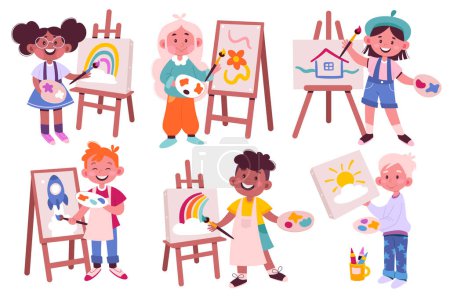 Illustration for Children draw on easel flat icons set. Cute cartoon kids drawing pictures. Art therapy. Girl and boy with paintbrush, paint palette, artboard. Color isolated illustrations - Royalty Free Image