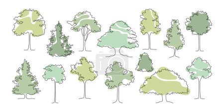 Ilustración de Dibujar árboles en línea art. garabatos dibujados a mano árboles y arbustos. Pintura creativa botánica. Elementos decorativos. Ilustraciones con fondo verde - Imagen libre de derechos
