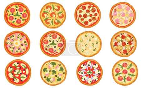 Ilustraciones planas de pizza italiana. Ingredientes para crear sabrosa comida rápida. Recetas de margaritas, queso doble y pizzas de mariscos. Deliciosos platos elementos de diseño