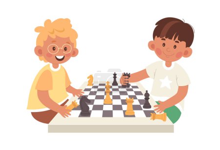 Boys play chess on chessboard vector illustration