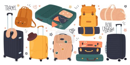 Illustration for Travel bags and suitcases flat illustrations set. Carry-on luggage, rolling spinner baggage, travel totes, tourist backpack and gym bags. Design elements - Royalty Free Image