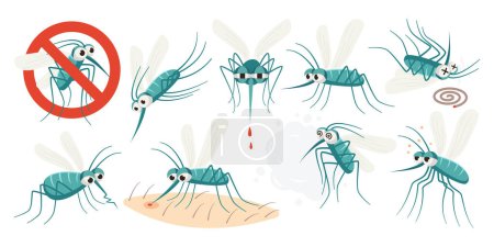 Illustration for Mosquito characters flat illustrations set. Small flying insect, bites and sucks blood. Died bug. Color design elements - Royalty Free Image
