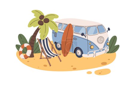 Camping-car avec planche de surf sur la plage Illustration vectorielle