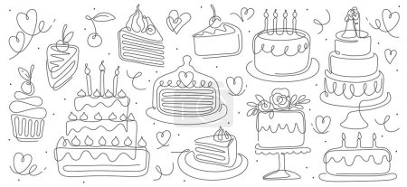 Birthday cakes in line art. Continuous arts of bakery, cupcake with cream and piece of pie. Contemporary minimalist desserts. Design elements