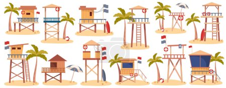 Rettungsschwimmstationen flache Abbildungen gesetzt. Holzhäuser für Lebensretter mit Rettungsring, Sonnenschirm am Strand. Beobachtungsgebäude mit Treppen. Gestaltungselemente der Türme