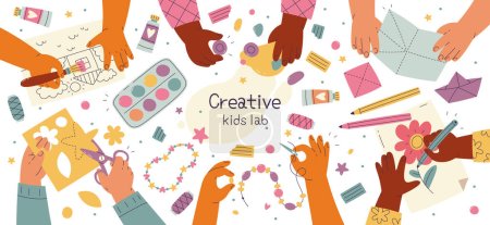Illustration for Creative children hands flat illustrations set. Small hands cutting paper, creating accessory, holding brush and doing origami. Hobby and leisure activity. Handmade design elements - Royalty Free Image