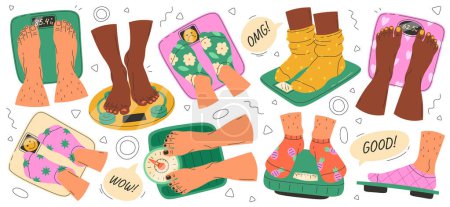 Illustration for Feet on weighing scales flat illustrations set. Legs in socks. Balance on device. Healthcare. Medical device for weight measurement. Color design elements - Royalty Free Image