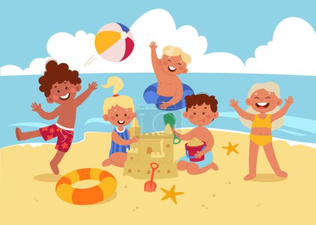 Kids on the beach flat illustrations set. Funny boys and girls play on sand, swimming and building sand castle. Summer vacation near ocean. Holidays design elements