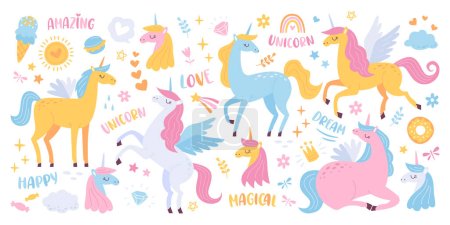 Illustration for Unicorn flat illustrations set. Mythological and magical creature. Pegasus and unicorn, winged horse with single horn on head. Fairytale animal design elements - Royalty Free Image