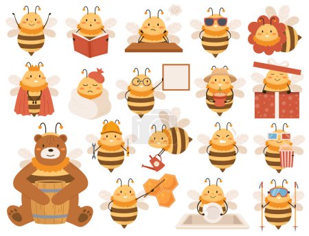 Illustration for Cartoon bee characters flat illustrations set. Busy insects. Flying beetle eat popcorn, reading book, washing dishes. Different emotions of bee. Bumblebee beetle design elements - Royalty Free Image