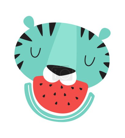 Téléchargez les illustrations : Tiger Eats Illustration vectorielle de pastèque - en licence libre de droit