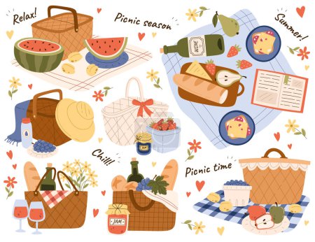 Illustration for Picnic Elements Illustrations Set. Delicious Snack. Fresh Fruits, Bakery, Jam And Wine. Wicker Picnic Basket With Grocery And Flowers. Food And Drinks Design Elements Vector Illustration - Royalty Free Image